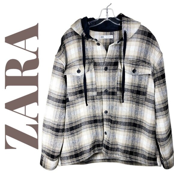 ZARA MEN’S WOOL BLEND PLAID SHACKET HOOD BEIGE BLACK WHITE, SIZE LARGE - Picture 2 of 11